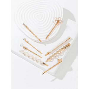 Nobrand - Kit Grampos de Cabelo Pérola Artificial Strass Branco e Dourado (8 Peças)