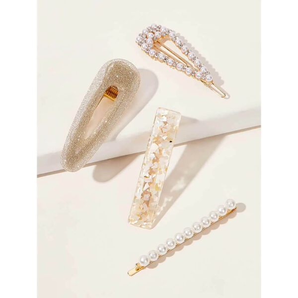 Nobrand - Kit Grampos de Cabelo Strass e Pérola Artificial Branco e Dourado (4 Peças) - Imagem 2